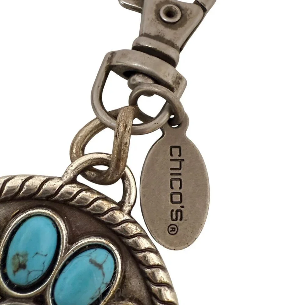 Chico's Link Belt Faux Turquoise Medallion Silvertone Chain Western Concho
